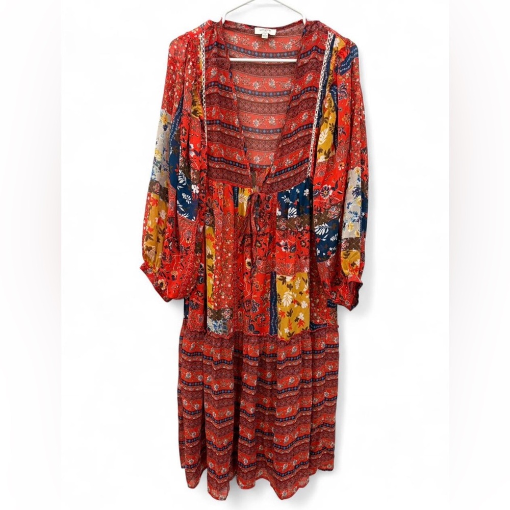 Women's Umgee‎ Vibrant Semi Sheer Duster Cardigan Boho Patchwork Small Tie Front